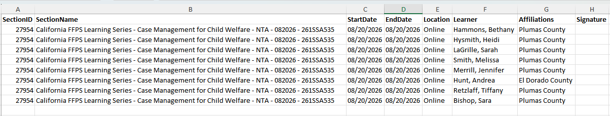  The Excel download view of the registered learner list