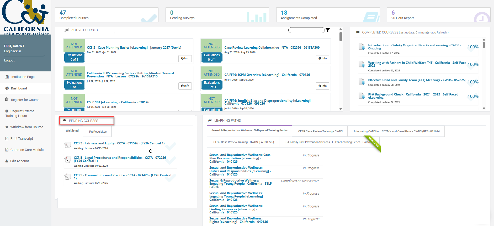 Screenshot of  the learner's dashboard