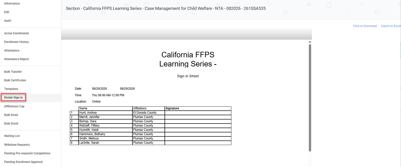 The list of registered learners for this course section